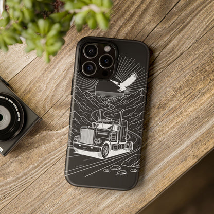 Trucker Highway Phone Case | Eagle & Mountain Line Art | Black Western Tough Case