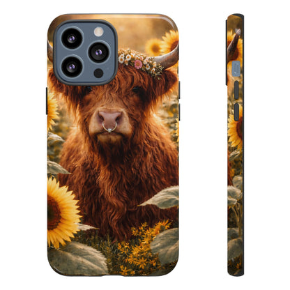 Highland Cow Sunflower Phone Case | Floral Farmhouse iPhone, Samsung Galaxy and Pixel Cover