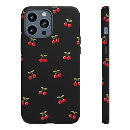 Cherry Pattern Phone Case — Slim Black Protective iPhone Case with Red Cherries for Iphone, Samsung Galaxy and Pixel