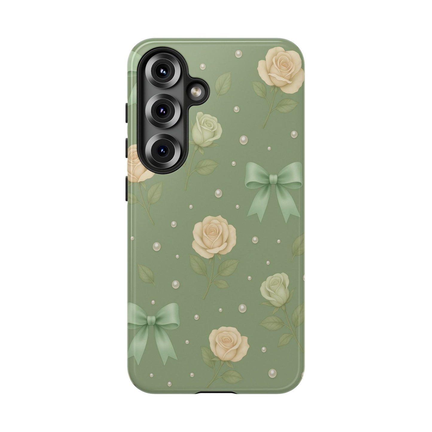 Vintage Rose Bow Phone Case – Sage Green Floral Coquette Aesthetic Tough Case (iPhone, Samsung, Pixel)