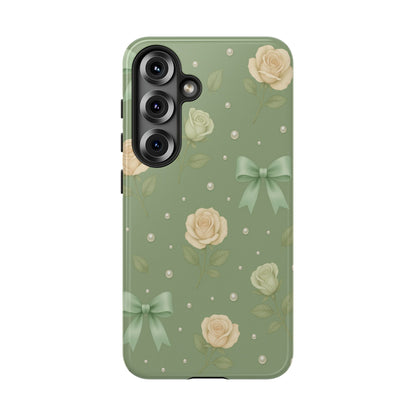 Vintage Rose Bow Phone Case – Sage Green Floral Coquette Aesthetic Tough Case (iPhone, Samsung, Pixel)