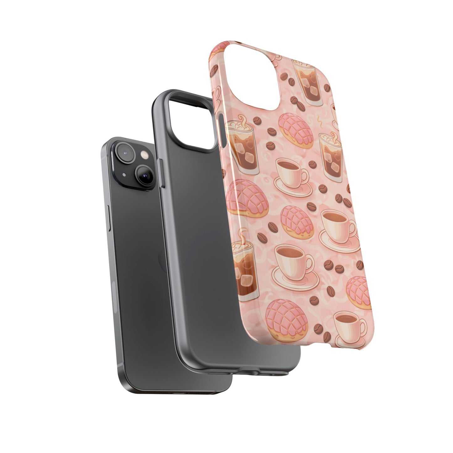 Cute Coffee & Pink Concha Phone Case – Coffee Lover Aesthetic Latte Pattern Tough Case
