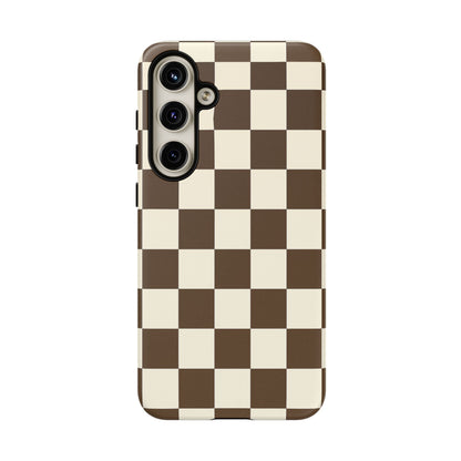 Mocha Checkerboard Phone Case | Neutral Aesthetic Checkered iPhone & Samsung Tough Case