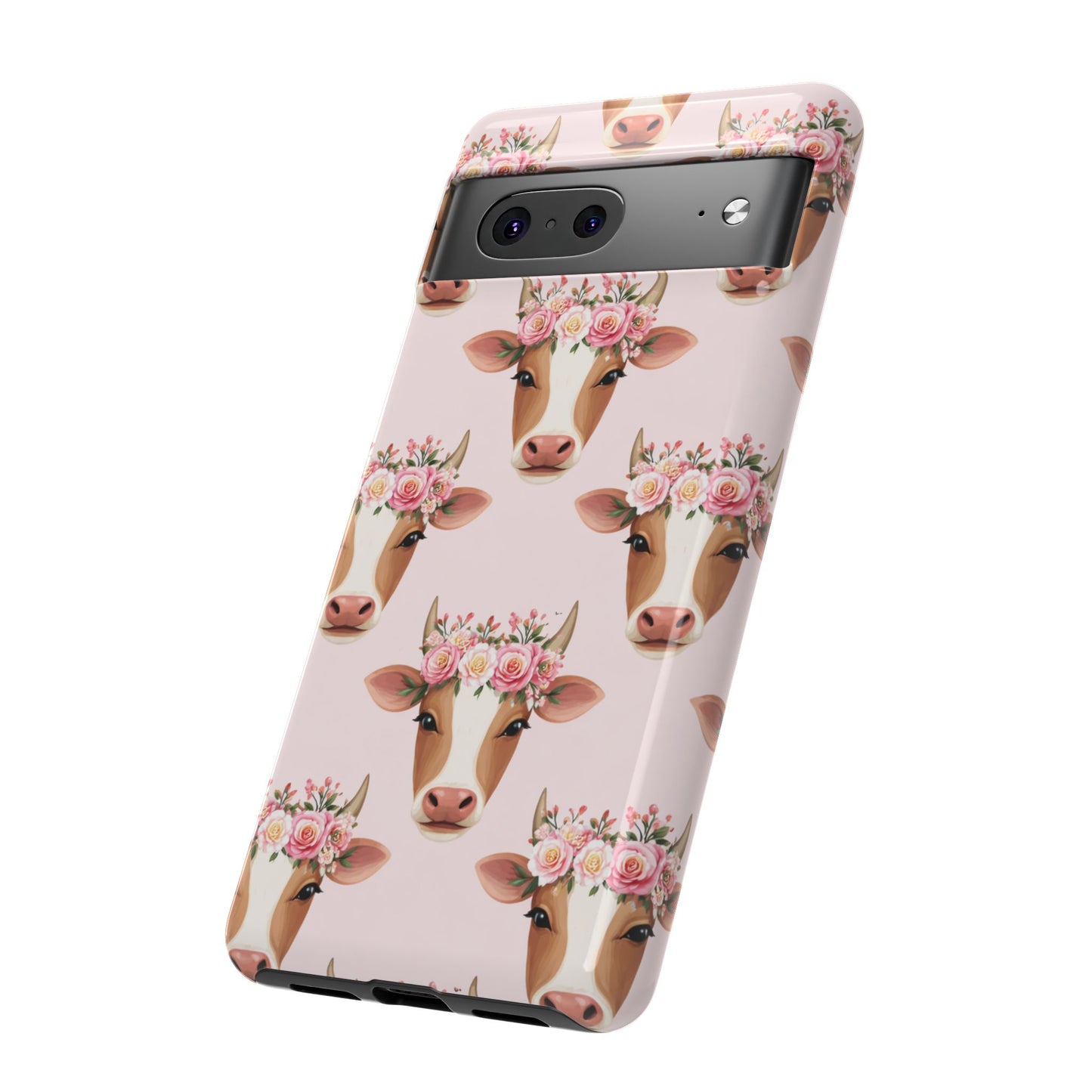 Floral Cow Phone Case – Cute Pink Cow Print Tough Protective Case for Iphone, Samsung Galaxy and Pixel