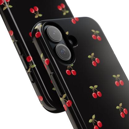 Cherry Pattern Phone Case — Slim Black Protective iPhone Case with Red Cherries for Iphone, Samsung Galaxy and Pixel
