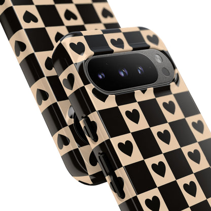 Checkerboard Heart Phone Case – Black & Beige Cute Aesthetic Protective Cover for Iphone, Samsung Galaxy and Pixel