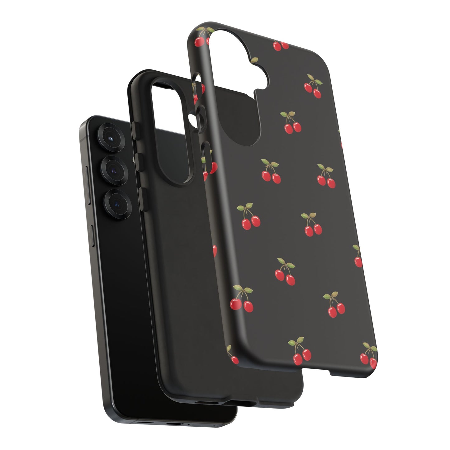 Cherry Pattern Phone Case — Slim Black Protective iPhone Case with Red Cherries for Iphone, Samsung Galaxy and Pixel