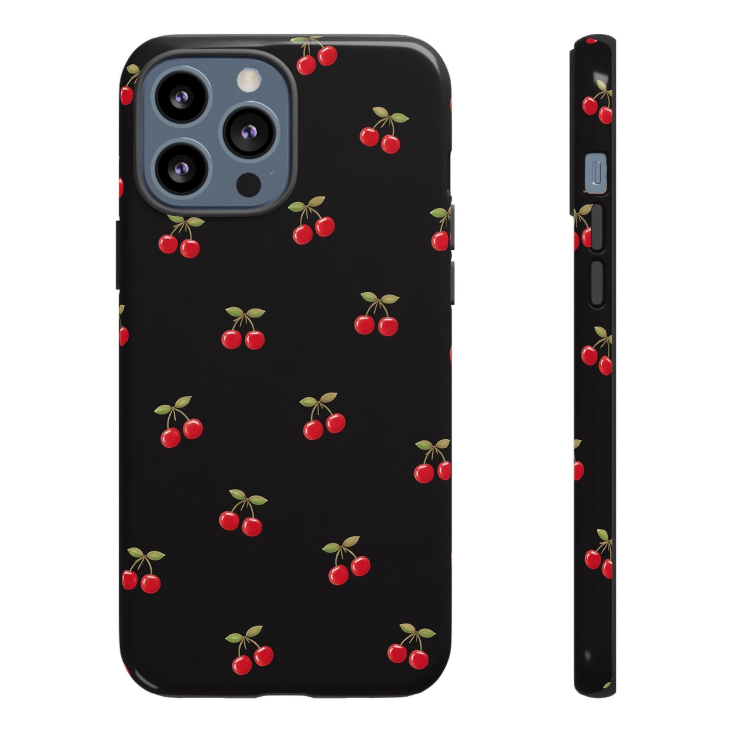 Cherry Pattern Phone Case — Slim Black Protective iPhone Case with Red Cherries for Iphone, Samsung Galaxy and Pixel