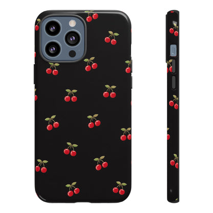 Cherry Pattern Phone Case — Slim Black Protective iPhone Case with Red Cherries for Iphone, Samsung Galaxy and Pixel