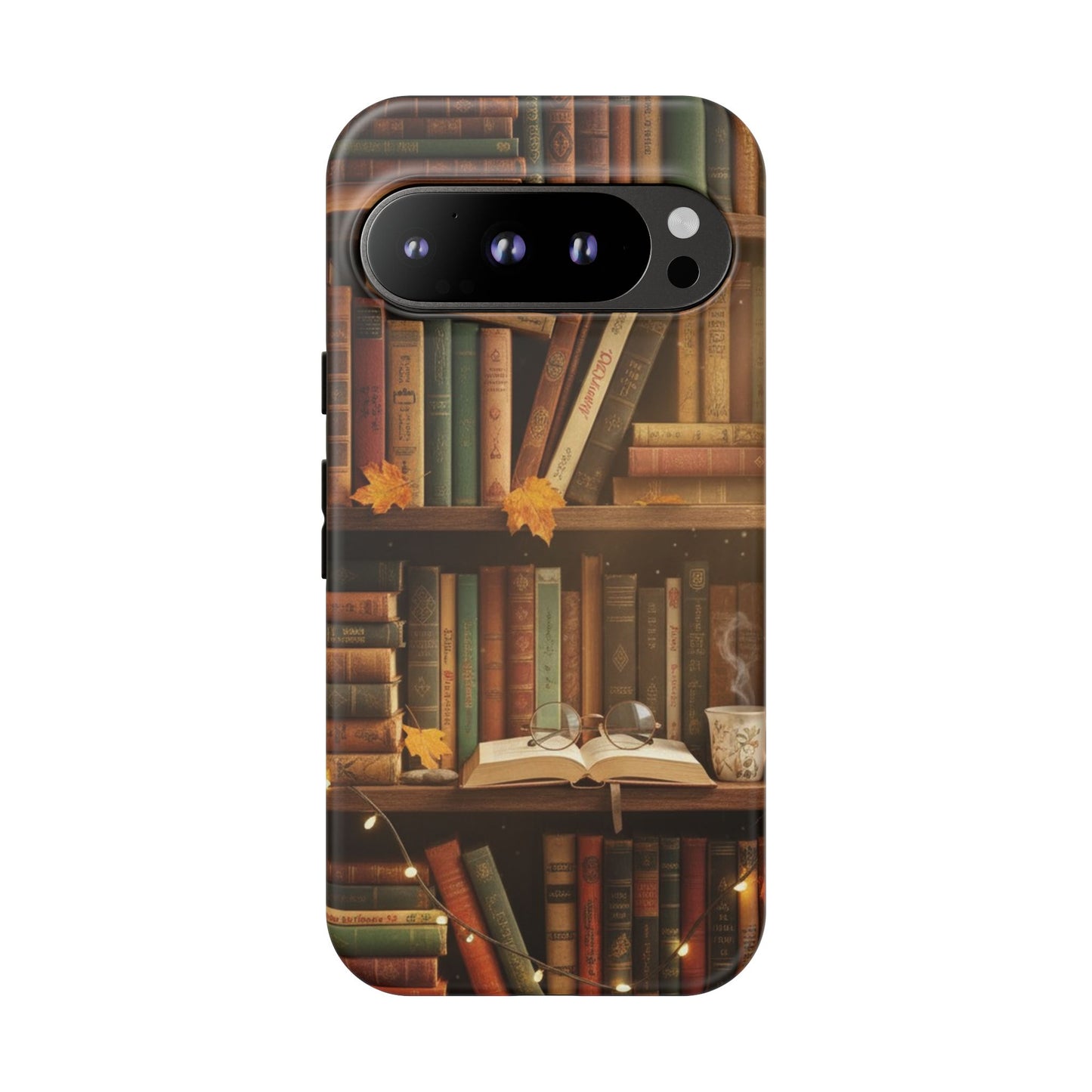 Cozy Vintage Bookshelf Phone Case, Library Aesthetic Book Stack, Autumn Coffee Vibes (iPhone, Samsung, Pixel)