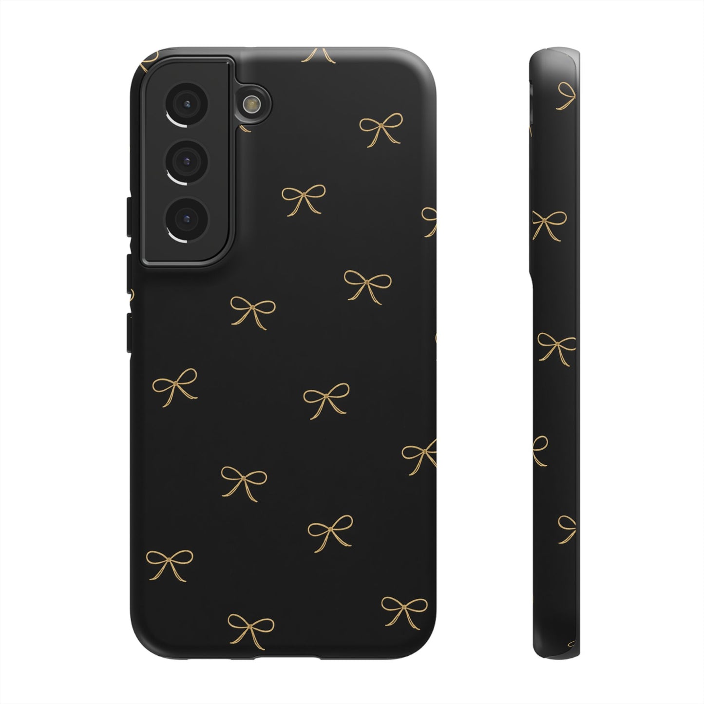 Black Phone Case with Gold Bow Pattern – Slim Protective Cute Aesthetic Cover for Iphone, Samsung Galaxy and Pixel