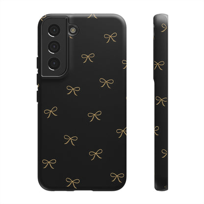 Black Phone Case with Gold Bow Pattern – Slim Protective Cute Aesthetic Cover for Iphone, Samsung Galaxy and Pixel