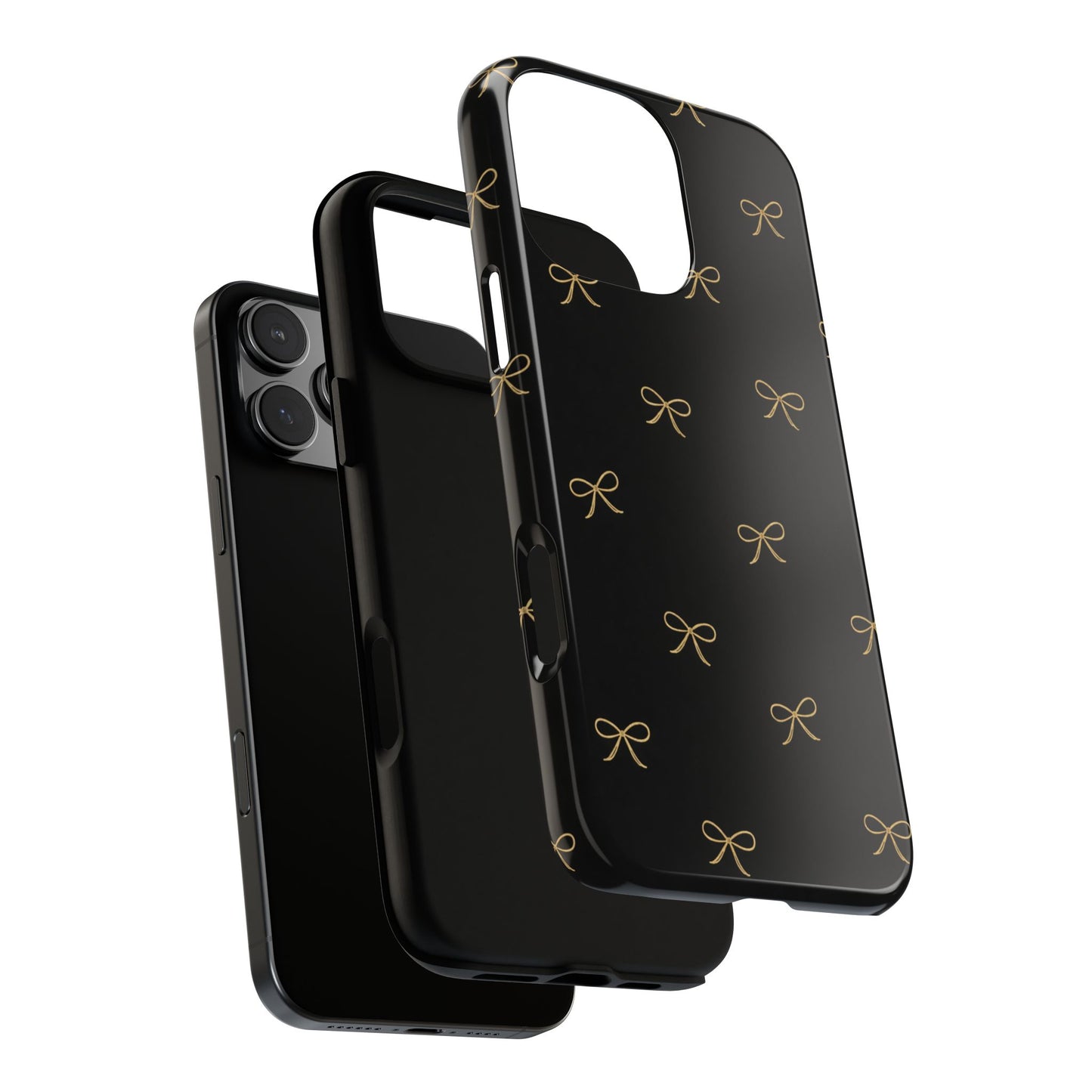 Black Phone Case with Gold Bow Pattern – Slim Protective Cute Aesthetic Cover for Iphone, Samsung Galaxy and Pixel
