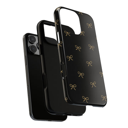 Black Phone Case with Gold Bow Pattern – Slim Protective Cute Aesthetic Cover for Iphone, Samsung Galaxy and Pixel