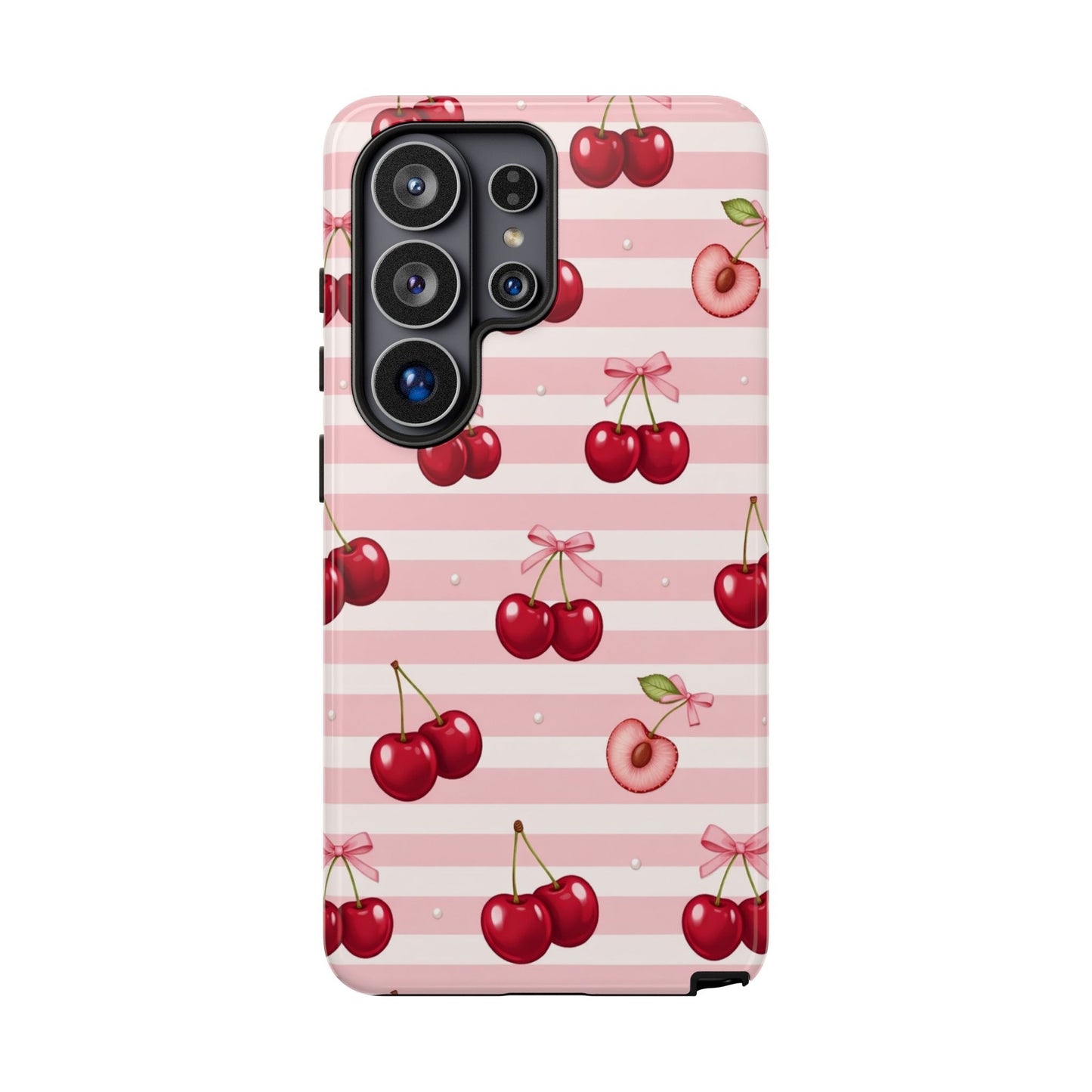 Coquette Cherry Bow Phone Case | Cute Pink Aesthetic Cherry Pattern Tough Case for iPhone & Samsung