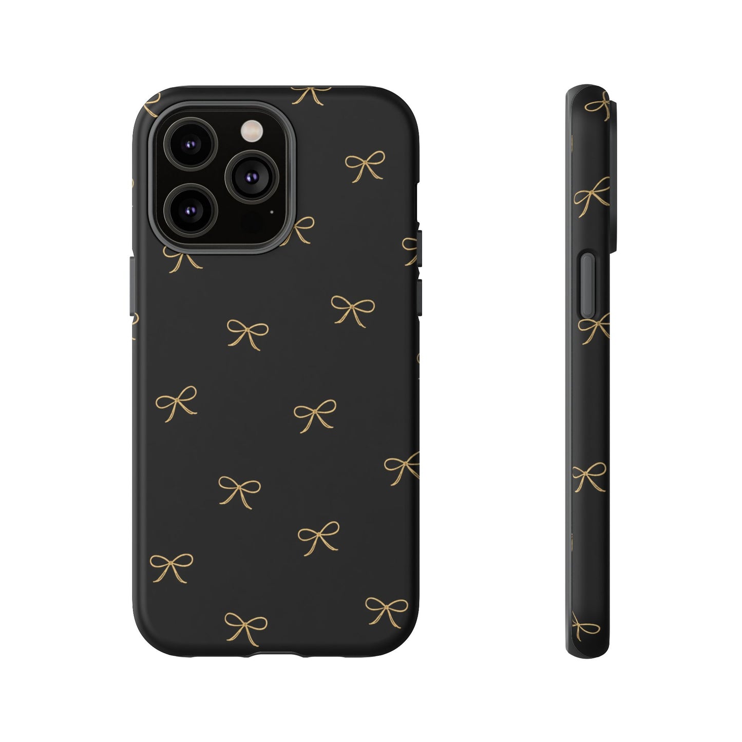 Black Phone Case with Gold Bow Pattern – Slim Protective Cute Aesthetic Cover for Iphone, Samsung Galaxy and Pixel
