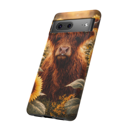 Highland Cow Sunflower Phone Case | Floral Farmhouse iPhone, Samsung Galaxy and Pixel Cover