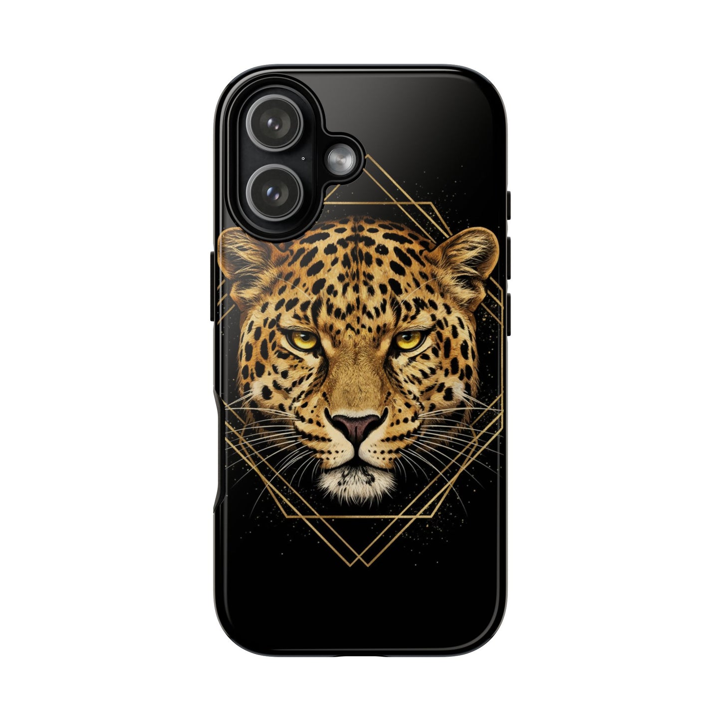 Leopard Head Geometric Phone Case – Black & Gold Luxe Tough Case