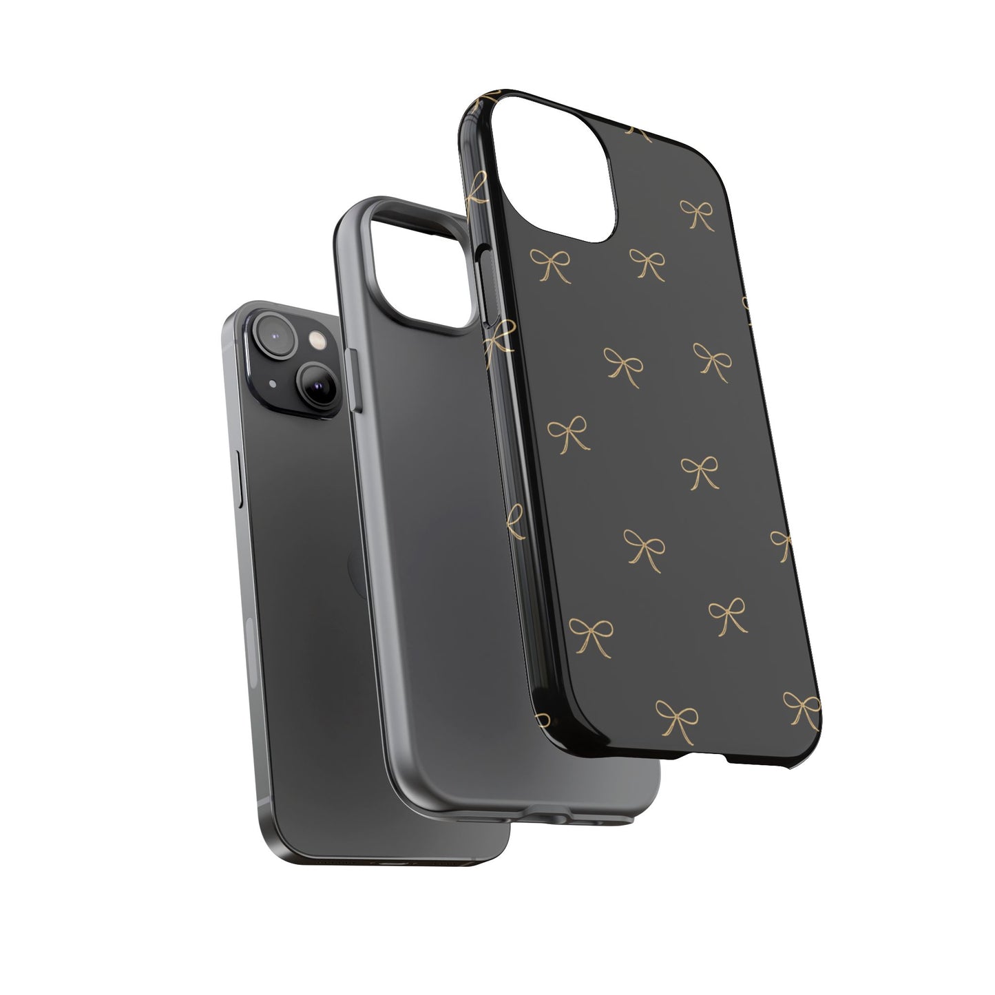 Black Phone Case with Gold Bow Pattern – Slim Protective Cute Aesthetic Cover for Iphone, Samsung Galaxy and Pixel