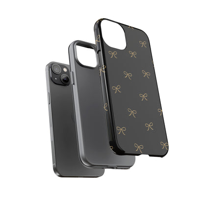 Black Phone Case with Gold Bow Pattern – Slim Protective Cute Aesthetic Cover for Iphone, Samsung Galaxy and Pixel