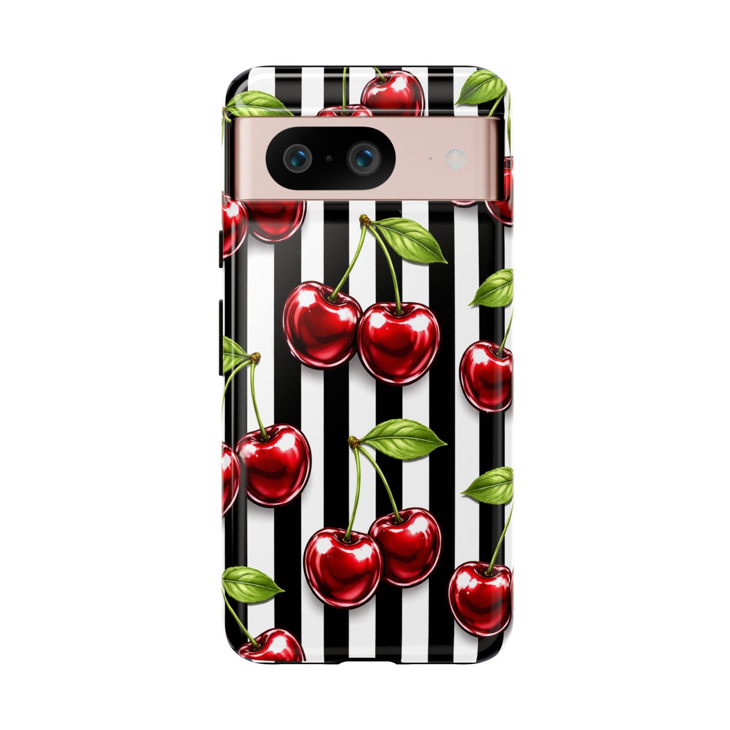 Cherry Pattern Phone Case Black White Stripe Retro Aesthetic Tough Cover