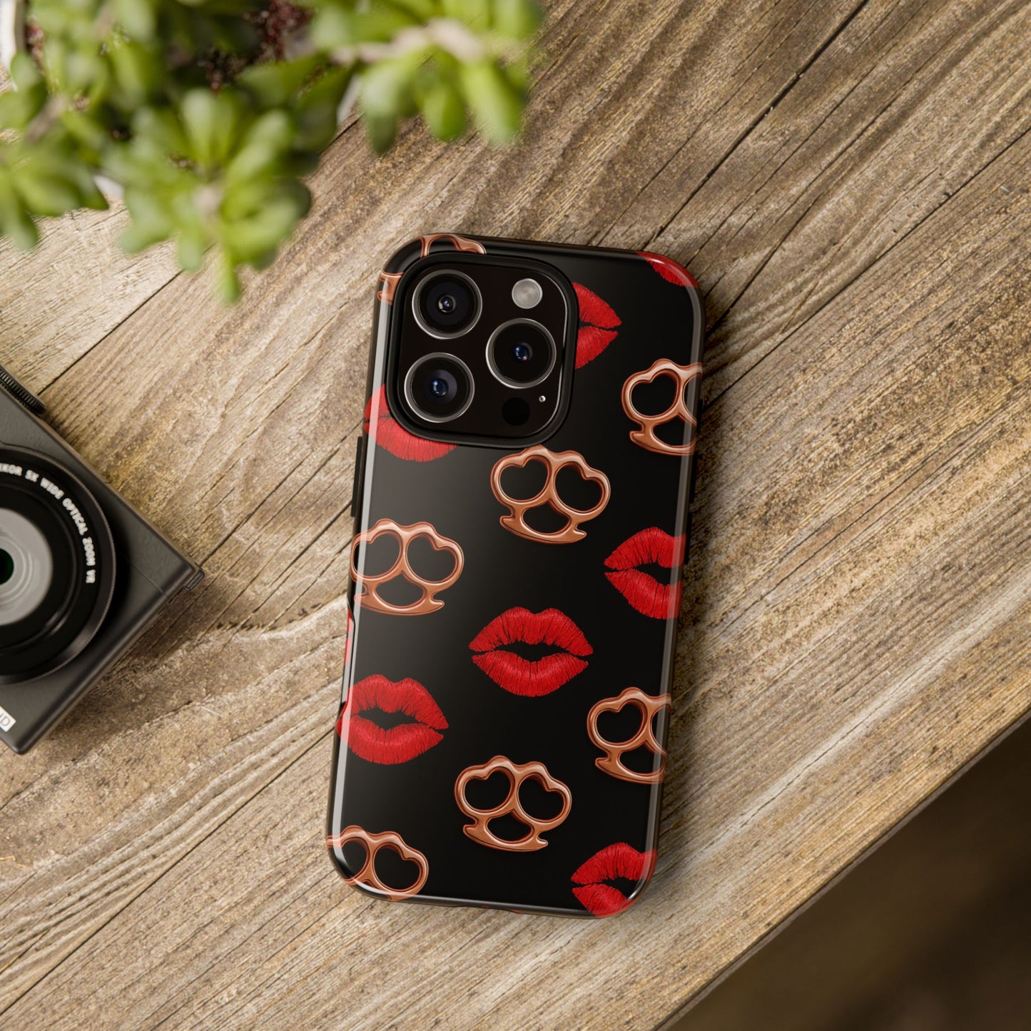 Red Lipstick & Knuckle Duster Phone Case | Bold Kiss Print Tough Protective Cover for Iphone, Samsung Galaxy and Pixel