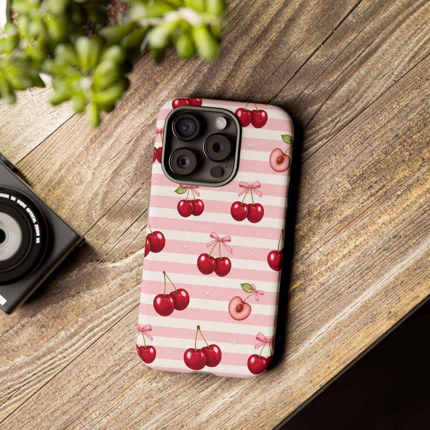 Coquette Cherry Bow Phone Case | Cute Pink Aesthetic Cherry Pattern Tough Case for iPhone & Samsung