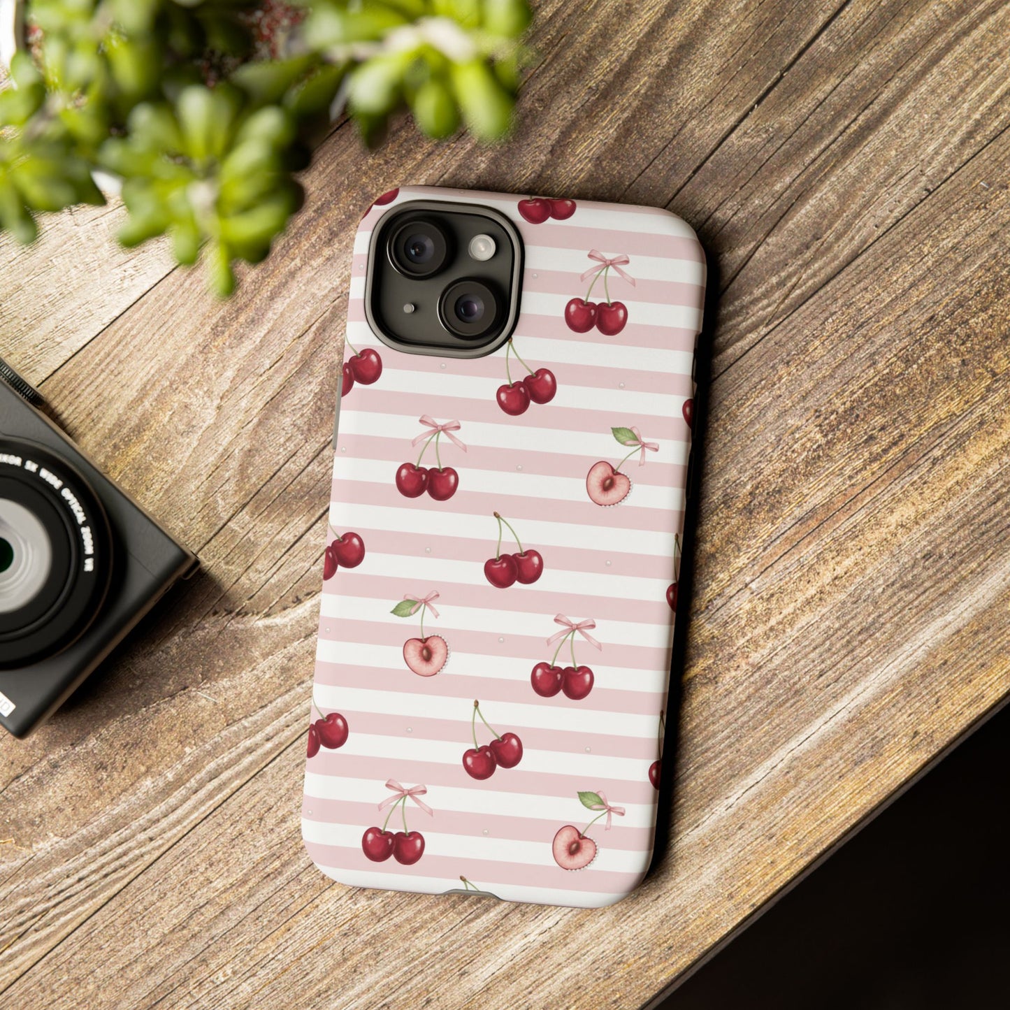 Pink Cherry Stripe Phone Case | Cute Coquette Aesthetic Protective Tough Case