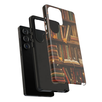 Cozy Vintage Bookshelf Phone Case, Library Aesthetic Book Stack, Autumn Coffee Vibes (iPhone, Samsung, Pixel)