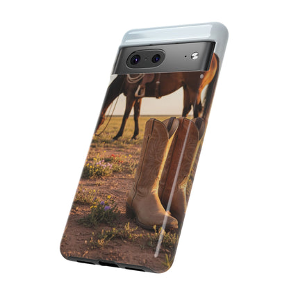 Western Cowboy Boots Phone Case – Rustic Horse Sunset Tough Case (iPhone, Samsung, Pixel)