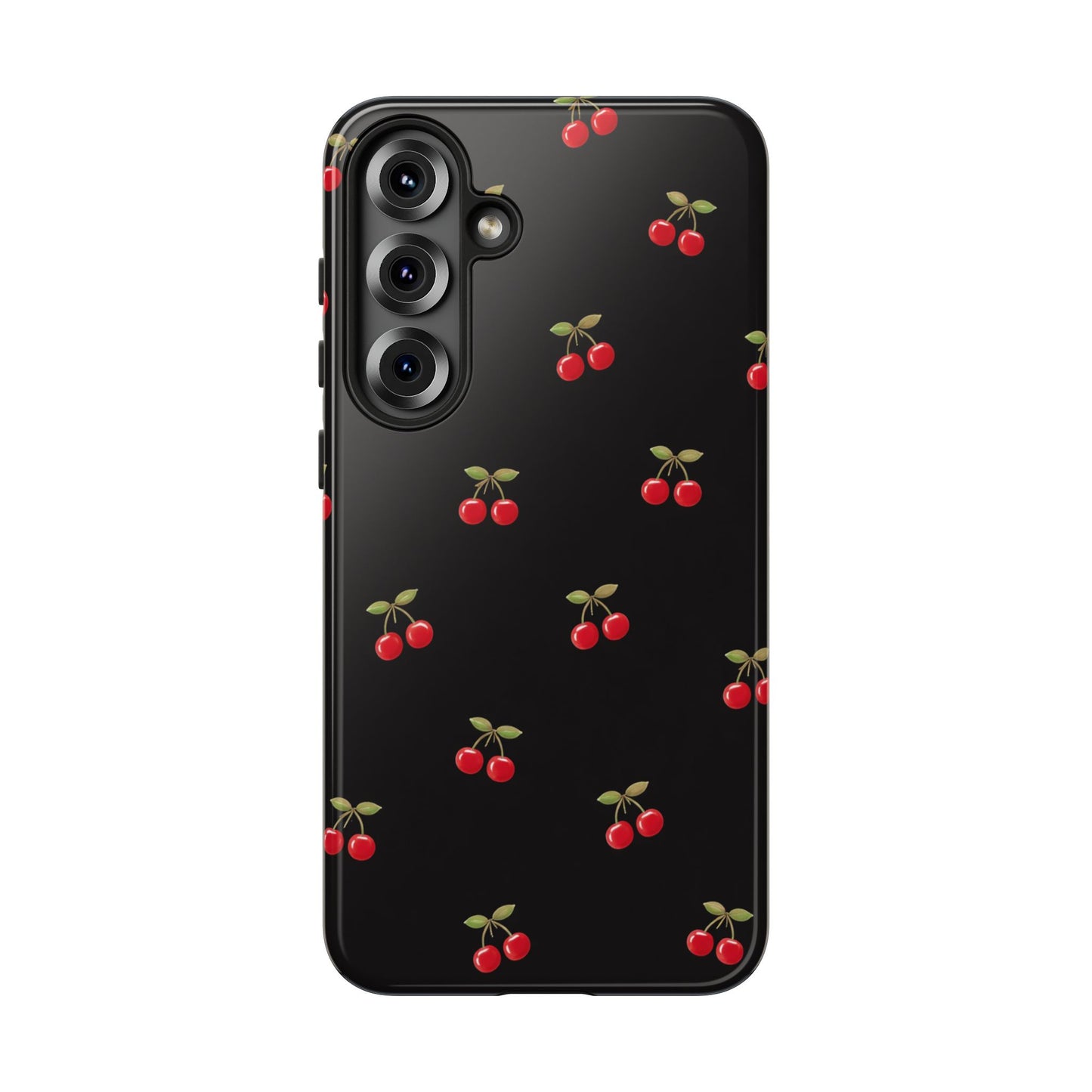 Cherry Pattern Phone Case — Slim Black Protective iPhone Case with Red Cherries for Iphone, Samsung Galaxy and Pixel