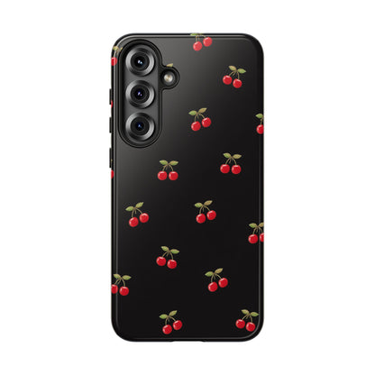 Cherry Pattern Phone Case — Slim Black Protective iPhone Case with Red Cherries for Iphone, Samsung Galaxy and Pixel