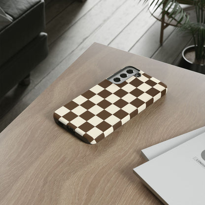 Mocha Checkerboard Phone Case | Neutral Aesthetic Checkered iPhone & Samsung Tough Case