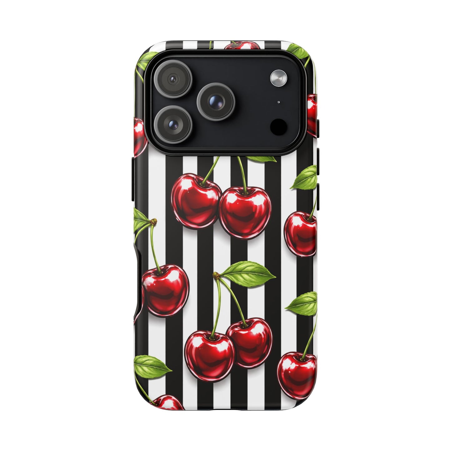 Cherry Pattern Phone Case Black White Stripe Retro Aesthetic Tough Cover