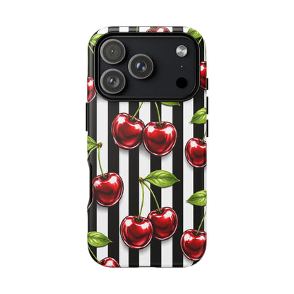 Cherry Pattern Phone Case Black White Stripe Retro Aesthetic Tough Cover
