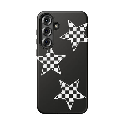 Checkered Star Tough Phone Case – Black Retro Graphic Protective Cover for Iphone, Samsung Galaxy and Pixel
