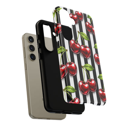 Cherry Pattern Phone Case Black White Stripe Retro Aesthetic Tough Cover