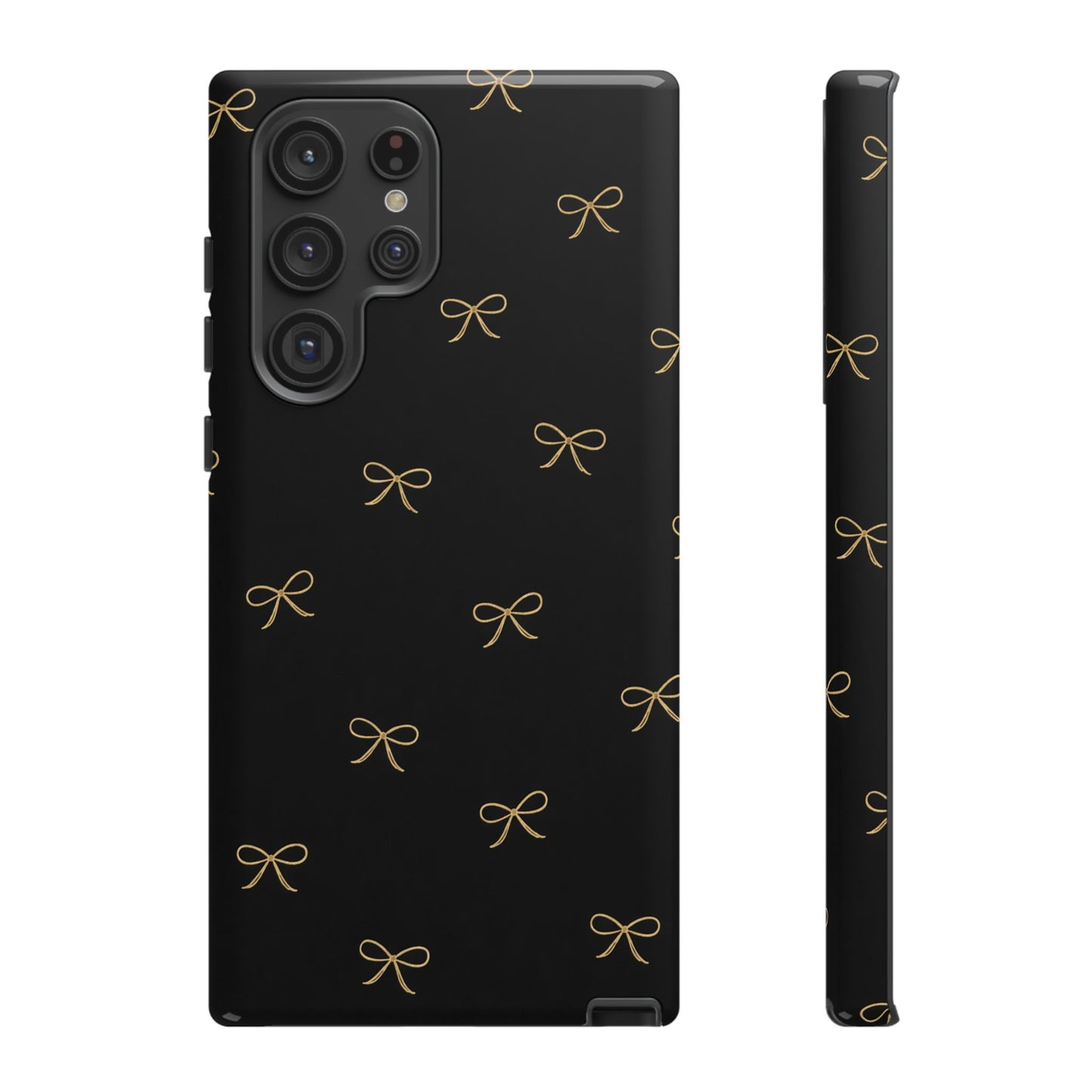 Black Phone Case with Gold Bow Pattern – Slim Protective Cute Aesthetic Cover for Iphone, Samsung Galaxy and Pixel