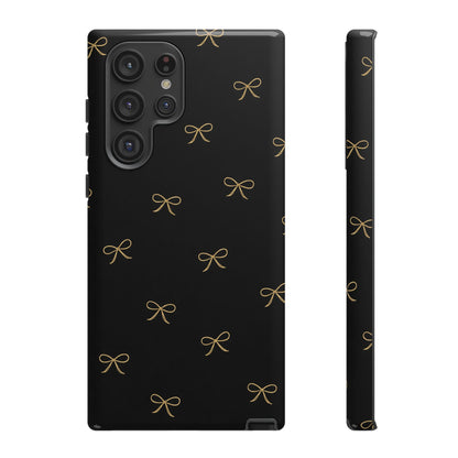 Black Phone Case with Gold Bow Pattern – Slim Protective Cute Aesthetic Cover for Iphone, Samsung Galaxy and Pixel