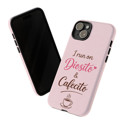 I Run on Diosito y Cafecito Phone Case, Pink Aesthetic Latina Faith Coffee Case, Girly Protective iPhone Samsung Cover