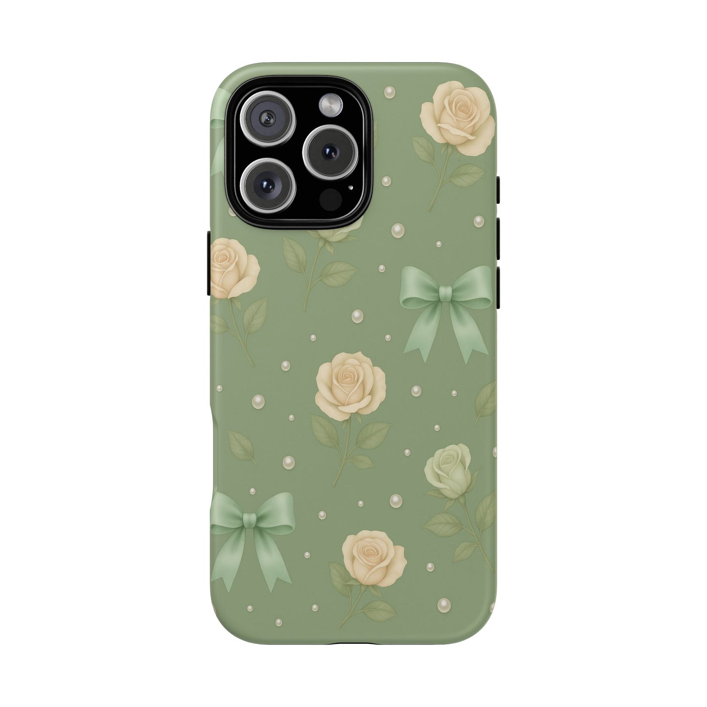 Vintage Rose Bow Phone Case – Sage Green Floral Coquette Aesthetic Tough Case (iPhone, Samsung, Pixel)