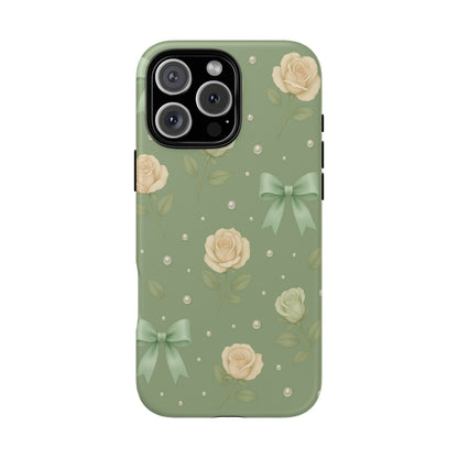 Vintage Rose Bow Phone Case – Sage Green Floral Coquette Aesthetic Tough Case (iPhone, Samsung, Pixel)