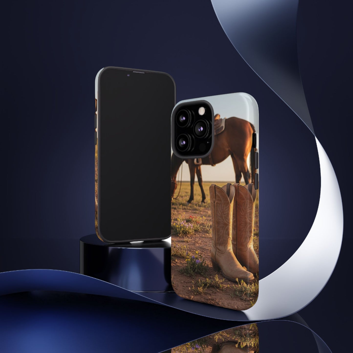 Western Cowboy Boots Phone Case – Rustic Horse Sunset Tough Case (iPhone, Samsung, Pixel)