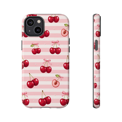 Coquette Cherry Bow Phone Case | Cute Pink Aesthetic Cherry Pattern Tough Case for iPhone & Samsung