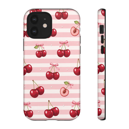 Coquette Cherry Bow Phone Case | Cute Pink Aesthetic Cherry Pattern Tough Case for iPhone & Samsung