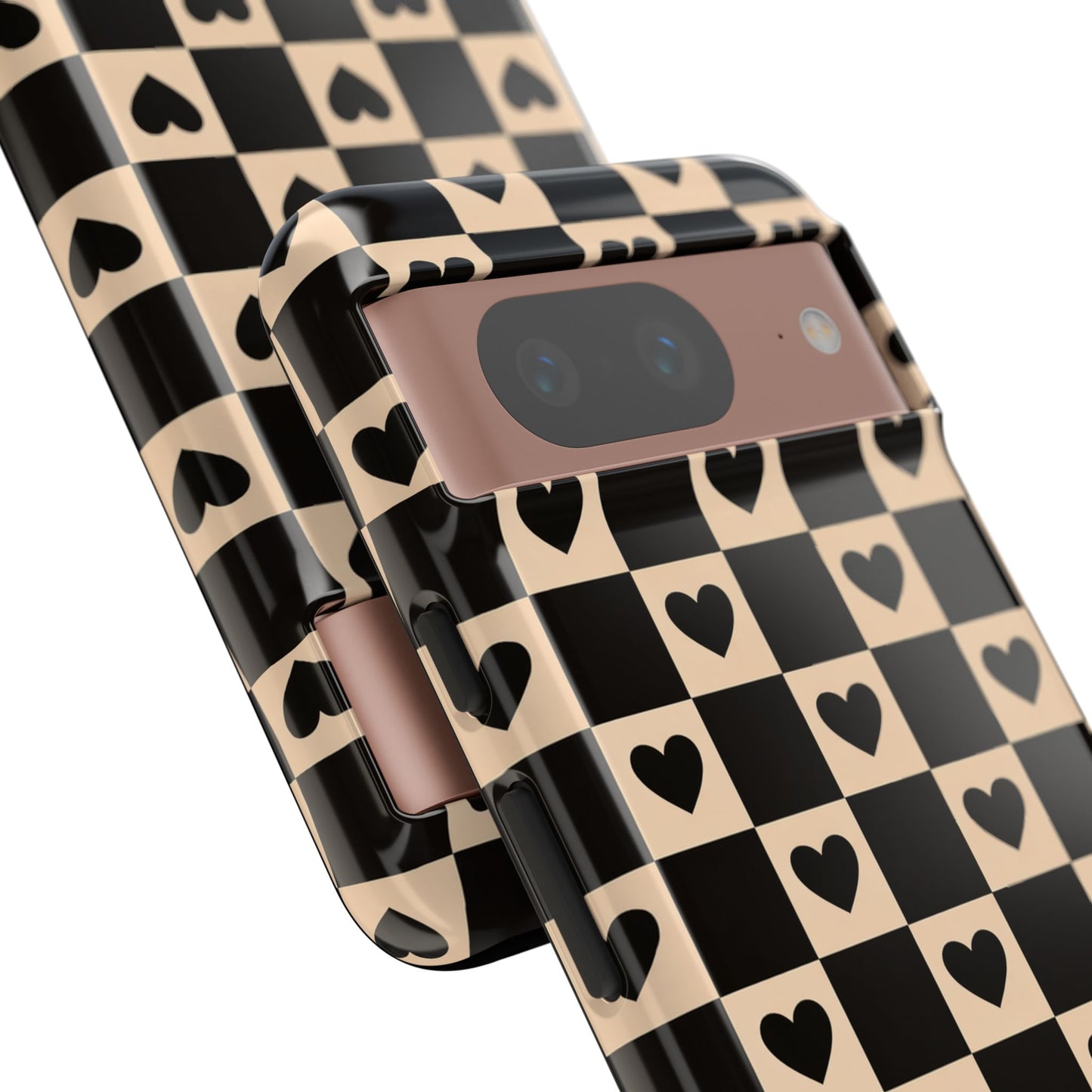 Checkerboard Heart Phone Case – Black & Beige Cute Aesthetic Protective Cover for Iphone, Samsung Galaxy and Pixel