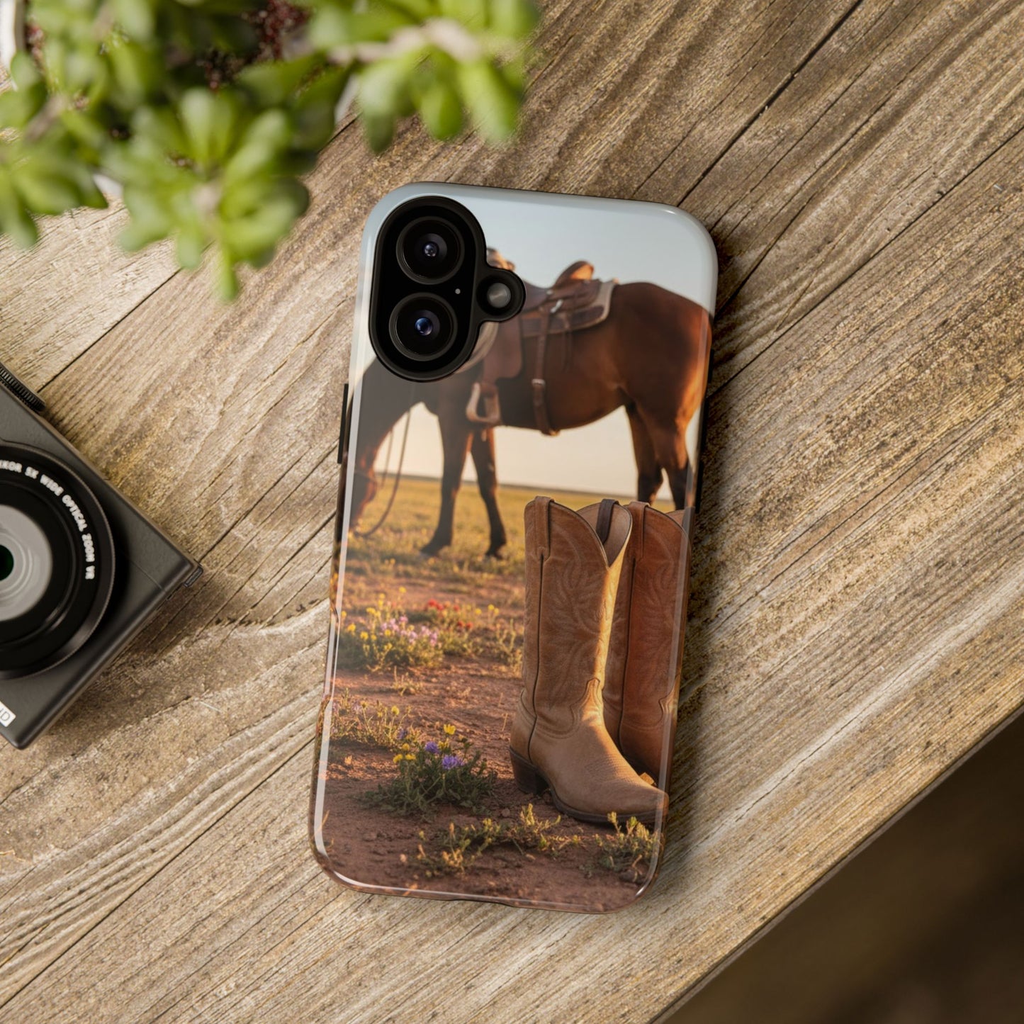 Western Cowboy Boots Phone Case – Rustic Horse Sunset Tough Case (iPhone, Samsung, Pixel)