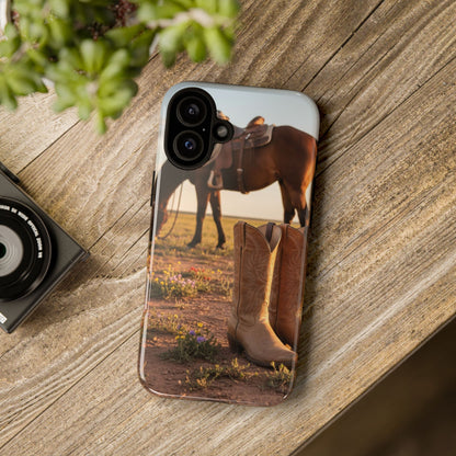 Western Cowboy Boots Phone Case – Rustic Horse Sunset Tough Case (iPhone, Samsung, Pixel)