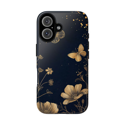 Gold Floral Butterfly Phone Case, Dark Aesthetic Botanical, Elegant Black Luxury iPhone Samsung Cover