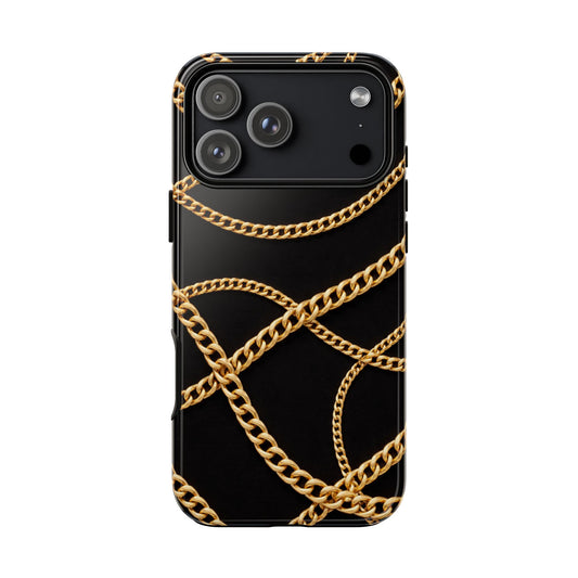 Luxury Gold Chain Phone Case – Black Designer Style Tough Protective Cover for Iphone, Samsung Galaxy and Pixel